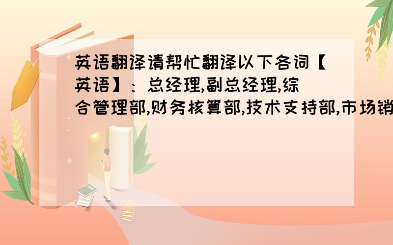 英语翻译请帮忙翻译以下各词【英语】：总经理,副总经理,综合管理部,财务核算部,技术支持部,市场销售部,营销企划部,监控预警中心,战略研发中心.