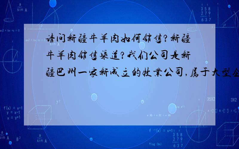 请问新疆牛羊肉如何销售?新疆牛羊肉销售渠道?我们公司是新疆巴州一家新成立的牧业公司,属于大型企业规模化养殖,公司去年才刚成立,明年预计有三万只羊一万只牛出栏,五年内预计每年有