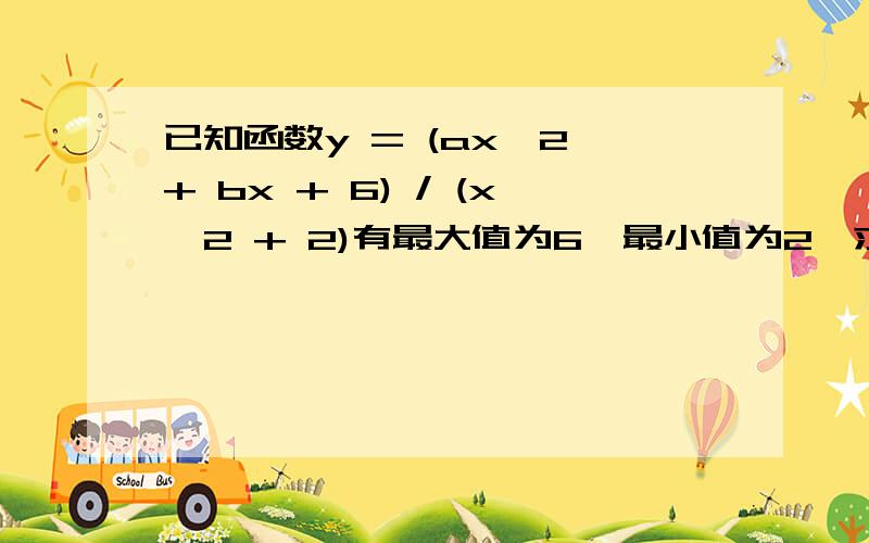 已知函数y = (ax^2 + bx + 6) / (x^2 + 2)有最大值为6,最小值为2,求a、b