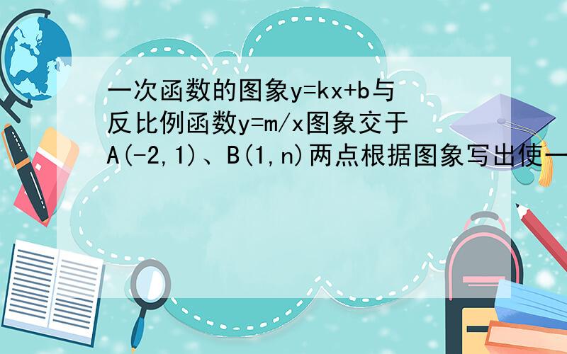 一次函数的图象y=kx+b与反比例函数y=m/x图象交于A(-2,1)、B(1,n)两点根据图象写出使一次函数的值大于反比例函数的值的x的取值范围