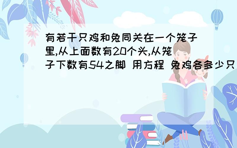 有若干只鸡和兔同关在一个笼子里,从上面数有20个头,从笼子下数有54之脚 用方程 兔鸡各多少只加油