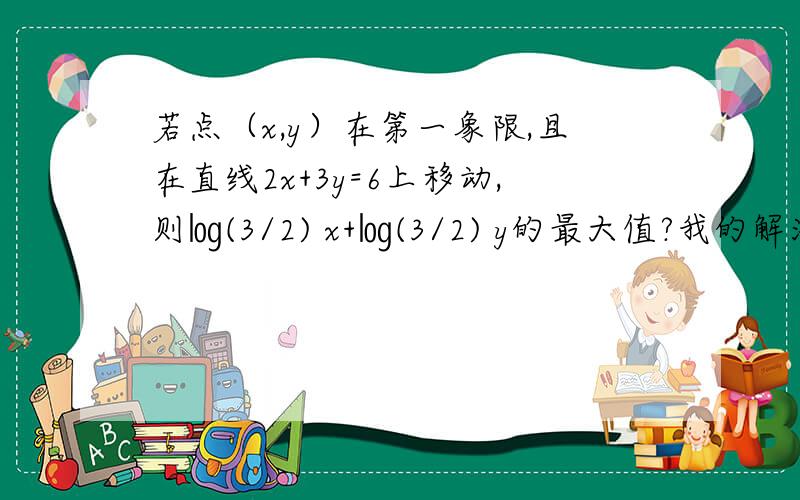 若点（x,y）在第一象限,且在直线2x+3y=6上移动,则㏒(3/2) x+㏒(3/2) y的最大值?我的解法是：㏒(3/2) x+㏒(3/2) y=㏒(3/2)xy要求㏒(3/2) x+㏒(3/2) y的最大值,也就是求xy的最大值.xy