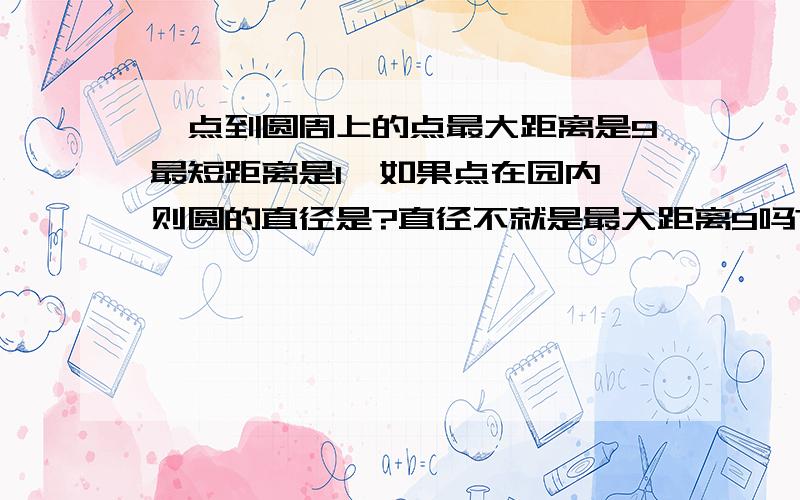 一点到圆周上的点最大距离是9最短距离是1,如果点在园内,则圆的直径是?直径不就是最大距离9吗?