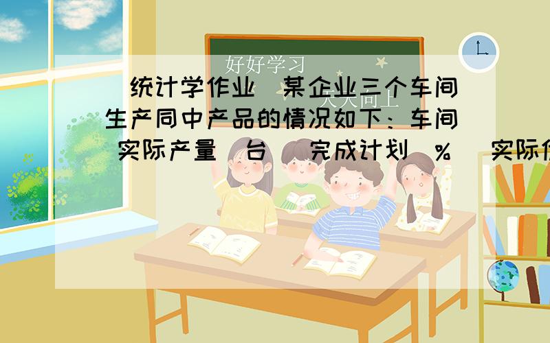 （统计学作业）某企业三个车间生产同中产品的情况如下：车间 实际产量（台） 完成计划（%） 实际优质品率（%）甲 1500 120 93乙 1800 100 95丙 2200 80 961、计算该企业产品计划完成百分比；2、