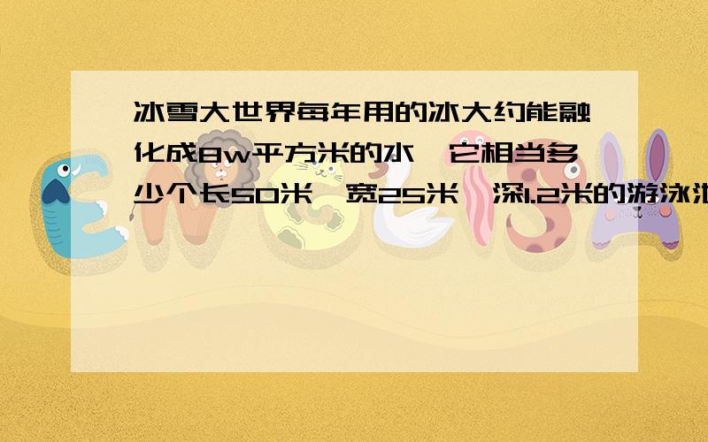 冰雪大世界每年用的冰大约能融化成8w平方米的水,它相当多少个长50米,宽25米,深1.2米的游泳池的储水量