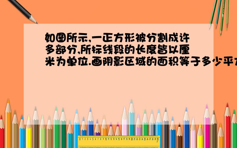 如图所示,一正方形被分割成许多部分,所标线段的长度皆以厘米为单位.画阴影区域的面积等于多少平方厘米