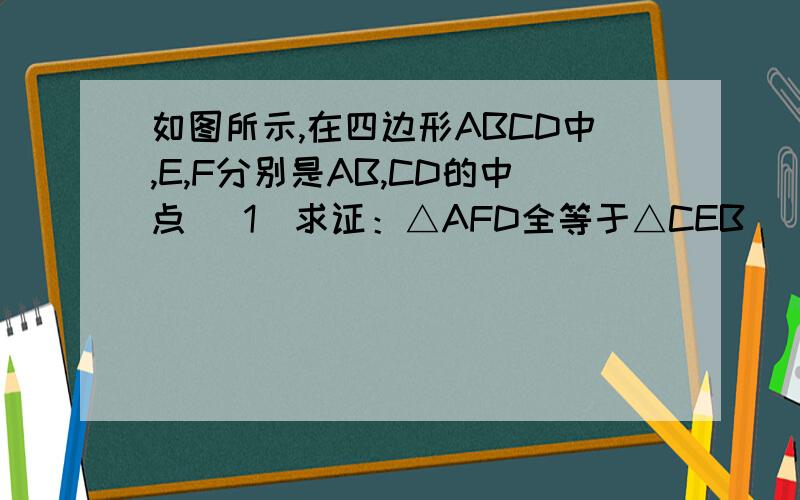 如图所示,在四边形ABCD中,E,F分别是AB,CD的中点 (1)求证：△AFD全等于△CEB (2)四边形AECF是平行四边形