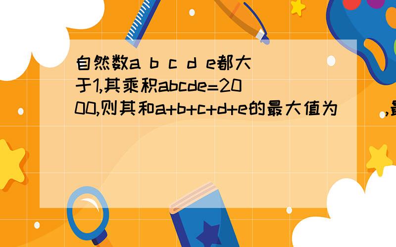 自然数a b c d e都大于1,其乘积abcde=2000,则其和a+b+c+d+e的最大值为（ ）,最小值为（ ）.