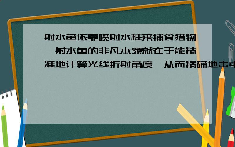 射水鱼依靠喷射水柱来捕食猎物,射水鱼的非凡本领就在于能精准地计算光线折射角度,从而精确地击中猎物.下面描述错误的是：A.无论猎物多大,射水鱼每次喷射到猎物身上的水量是一样的B.