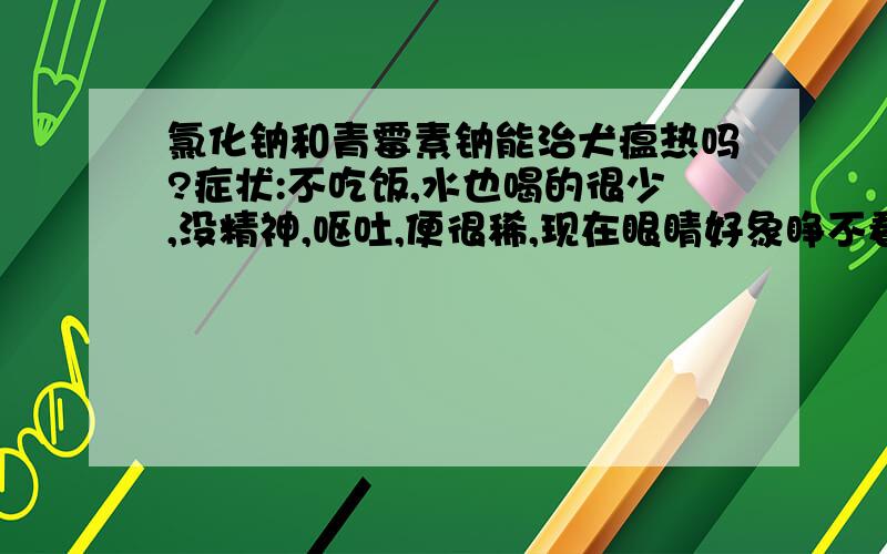 氯化钠和青霉素钠能治犬瘟热吗?症状:不吃饭,水也喝的很少,没精神,呕吐,便很稀,现在眼睛好象睁不看了.我家另一只狗也吐但是多少能吃点东西.我很害怕.到底是怎么了.我该怎么办?刚才我爸