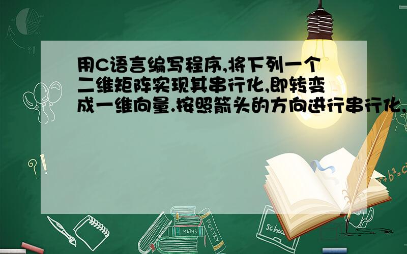 用C语言编写程序,将下列一个二维矩阵实现其串行化,即转变成一维向量.按照箭头的方向进行串行化,求C源代码和相应解释.