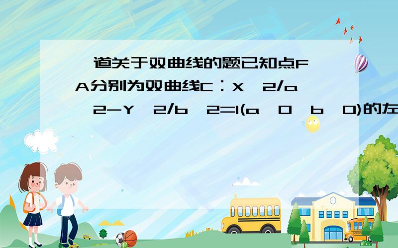 一道关于双曲线的题已知点F、A分别为双曲线C：X^2/a^2-Y^2/b^2=1(a>0,b>0)的左焦点、右顶点,点B(0,b)满足（向量）FB 点乘（向量）FA=0,求双曲线的离心率.答案：（1+5^-2）/2要过程!在线等候!谢谢!