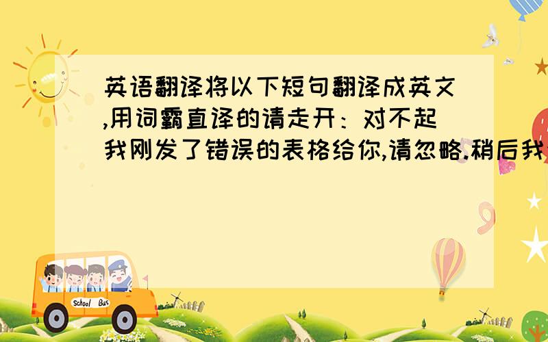 英语翻译将以下短句翻译成英文,用词霸直译的请走开：对不起我刚发了错误的表格给你,请忽略.稍后我会发正确的表格给你.