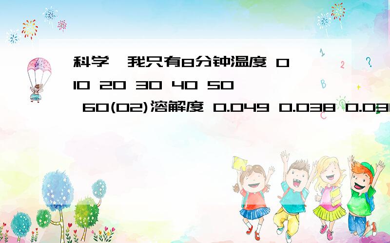 科学,我只有8分钟温度 0 10 20 30 40 50 60(O2)溶解度 0.049 0.038 0.031 0.026 0.023 0.021 0.019夏天天气闷热时,鱼塘里的鱼总是接近水面游动,主要原因是此时氧气在水中的溶解度很小.请根据O2的溶解度曲线