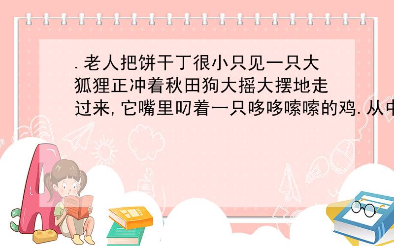 .老人把饼干丁很小只见一只大狐狸正冲着秋田狗大摇大摆地走过来,它嘴里叼着一只哆哆嗦嗦的鸡.从中可以看出什么?老狐狸这样做的目的是什么?