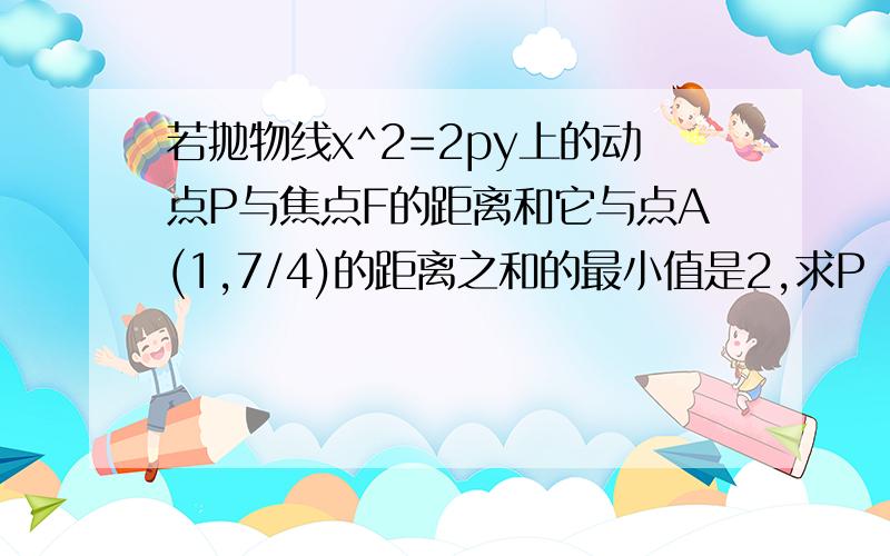 若抛物线x^2=2py上的动点P与焦点F的距离和它与点A(1,7/4)的距离之和的最小值是2,求P