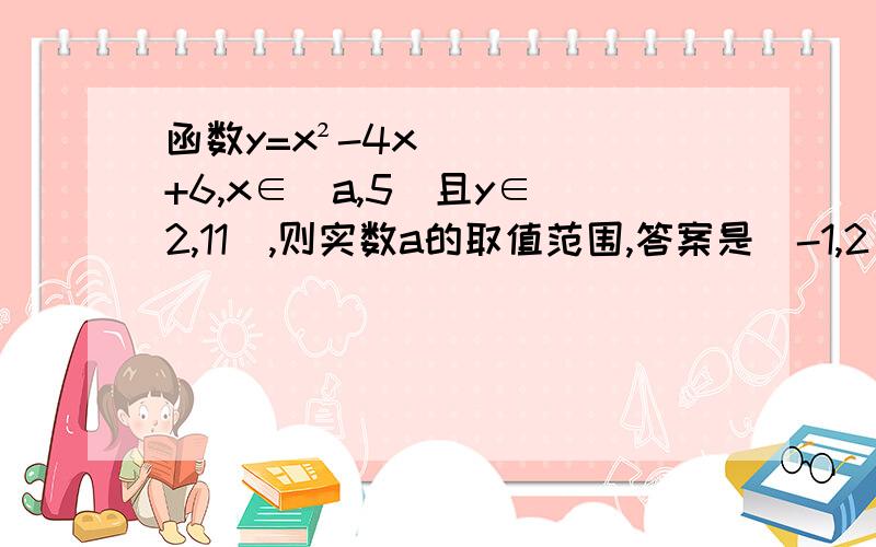 函数y=x²-4x+6,x∈[a,5)且y∈[2,11),则实数a的取值范围,答案是（-1,2],为什么不能为什么不能等于-1