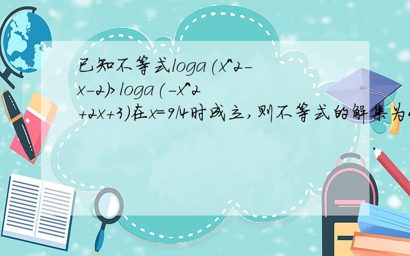 已知不等式loga(x^2-x-2)>loga(-x^2+2x+3)在x=9/4时成立,则不等式的解集为A.(1,2) B.(2,5/2) C.(1,5/2) D.(2,5)