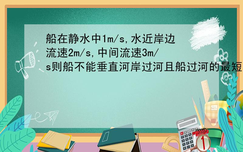 船在静水中1m/s,水近岸边流速2m/s,中间流速3m/s则船不能垂直河岸过河且船过河的最短时间是一定的