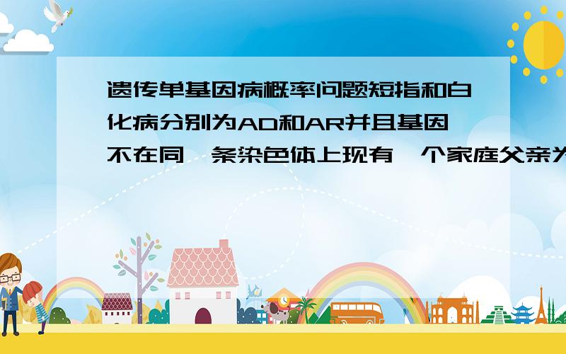 遗传单基因病概率问题短指和白化病分别为AD和AR并且基因不在同一条染色体上现有一个家庭父亲为短指母亲正常儿子为白化病如果再生育其子女为短指的概率为?