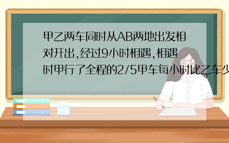 甲乙两车同时从AB两地出发相对开出,经过9小时相遇,相遇时甲行了全程的2/5甲车每小时比乙车少行15千米,两地相距多少千米?（ 用方程解）