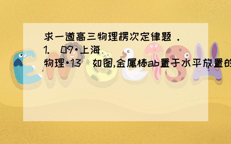 求一道高三物理楞次定律题 .1.（09•上海物理•13）如图,金属棒ab置于水平放置的U形光滑导轨上,在ef右侧存在有界匀强磁场B,磁场方向垂直导轨平面向下,在ef左侧的无磁场区域cdef内有