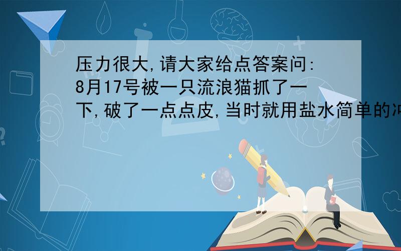 压力很大,请大家给点答案问:8月17号被一只流浪猫抓了一下,破了一点点皮,当时就用盐水简单的冲洗了一下,第二天晚上才去打疫苗,8月17日,被一只野猫抓了一下,当时就用盐水简单的冲洗了一