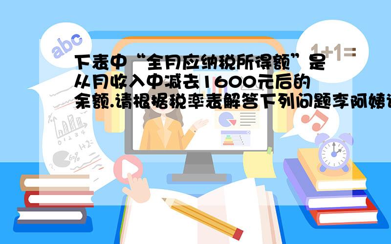 下表中“全月应纳税所得额”是从月收入中减去1600元后的余额.请根据税率表解答下列问题李阿姨说：“我上月的收入是2900元,应缴纳的税款是多少?王阿姨说：“上月我交了50元的税,猜猜我