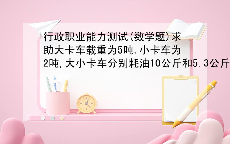 行政职业能力测试(数学题)求助大卡车载重为5吨,小卡车为2吨,大小卡车分别耗油10公斤和5.3公斤,用大小卡车各几辆运49吨煤耗油最少?