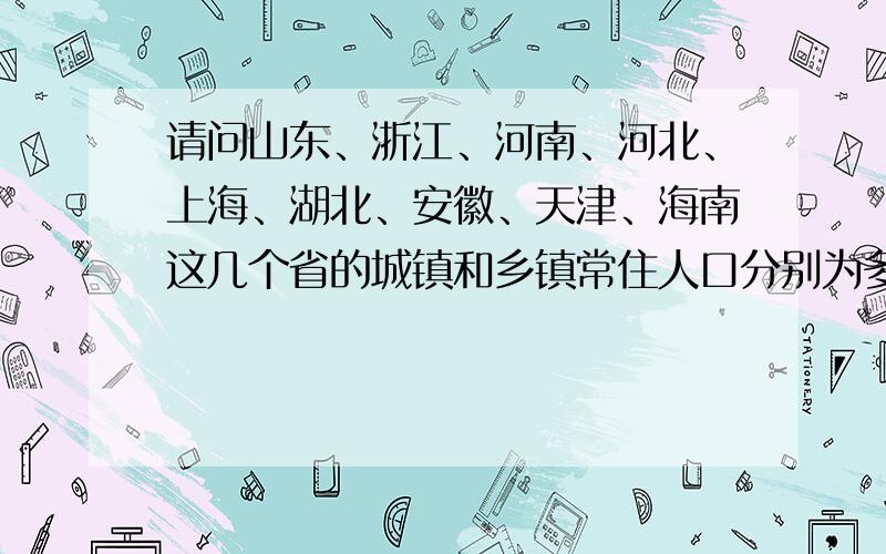 请问山东、浙江、河南、河北、上海、湖北、安徽、天津、海南这几个省的城镇和乡镇常住人口分别为多少?我在国家统计局的网站找到了其他省的数据,单单就是这几个省的找不到!