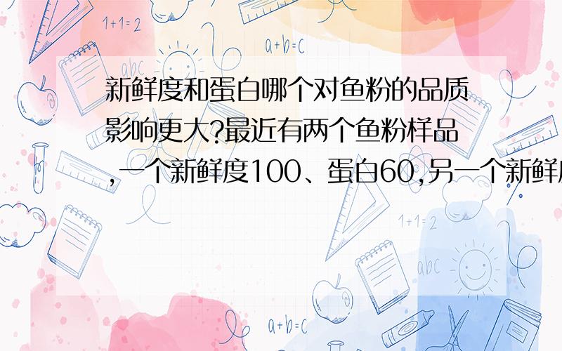 新鲜度和蛋白哪个对鱼粉的品质影响更大?最近有两个鱼粉样品,一个新鲜度100、蛋白60,另一个新鲜度150、蛋白65,不知道哪个品质更好一些?