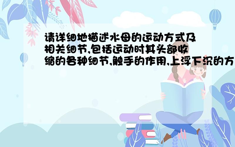 请详细地描述水母的运动方式及相关细节,包括运动时其头部收缩的各种细节,触手的作用,上浮下沉的方式等