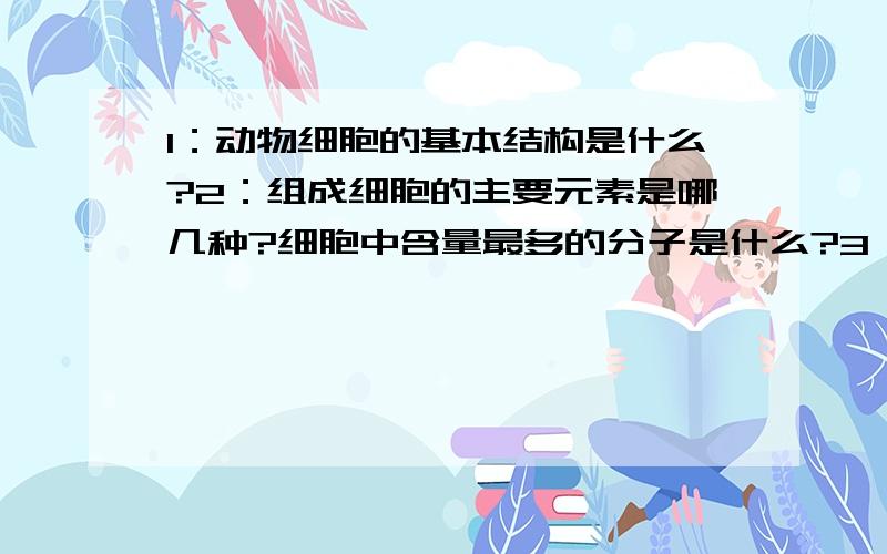 1：动物细胞的基本结构是什么?2：组成细胞的主要元素是哪几种?细胞中含量最多的分子是什么?3：动物细胞中“动力工厂”、“蛋白质加工厂”是指什么?4：什么叫液态镶嵌学说?5：血液的组