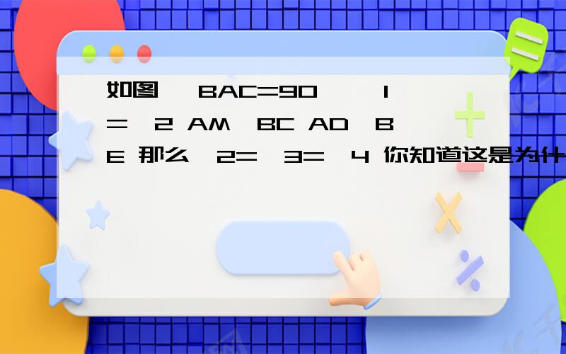 如图 ∠BAC=90° ∠1=∠2 AM⊥BC AD⊥BE 那么∠2=∠3=∠4 你知道这是为什么吗