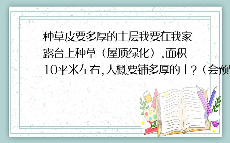 种草皮要多厚的土层我要在我家露台上种草（屋顶绿化）,面积10平米左右,大概要铺多厚的土?（会预留排水孔、最普通的景观用草）