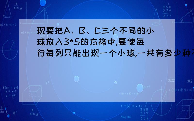 现要把A、B、C三个不同的小球放入3*5的方格中,要使每行每列只能出现一个小球,一共有多少种不同的放法