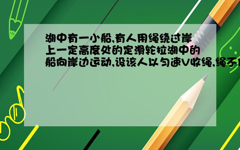 湖中有一小船,有人用绳绕过岸上一定高度处的定滑轮拉湖中的船向岸边运动,设该人以匀速V收绳,绳不伸长v1=v/cosθ  趋近无穷大?想不大通理论上？能量怎么解释实际上呢？考虑阻力？