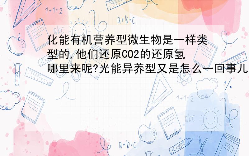 化能有机营养型微生物是一样类型的,他们还原CO2的还原氢哪里来呢?光能异养型又是怎么一回事儿?我们人类的NADPH+H*用以生物合成用是来自有氧呼吸作用吗?化能有机营养型微生物不会像人类