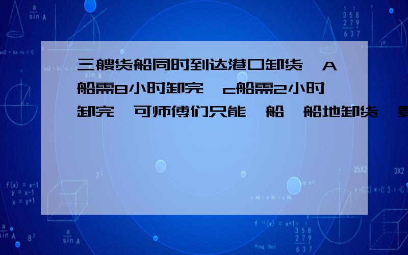 三艘货船同时到达港口卸货,A船需8小时卸完,c船需2小时卸完,可师傅们只能一船一船地卸货,要使三艘货船等候和卸货的时间总和最少?应该按怎样的顺序卸货最少共花费多长时问