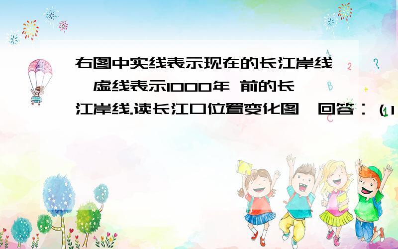 右图中实线表示现在的长江岸线,虚线表示1000年 前的长江岸线.读长江口位置变化图,回答：（1）海岸线有向__________移动趋势,主要原因是_______________________.（2）长江人海口附近河道逐渐偏向_