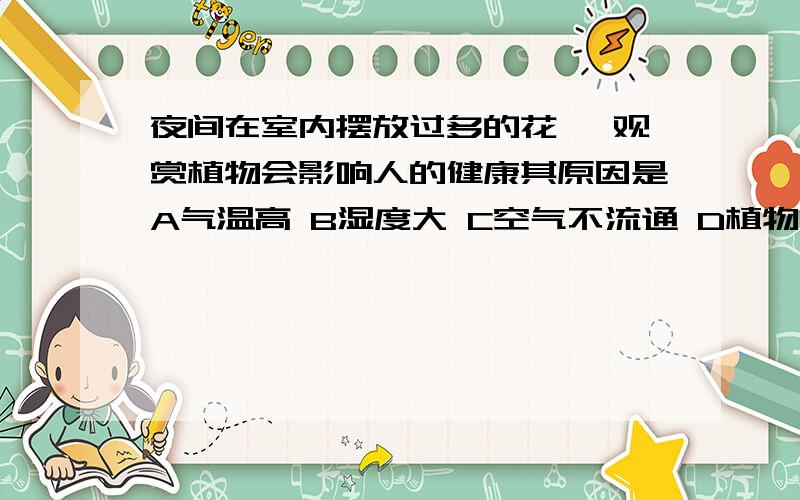 夜间在室内摆放过多的花卉 观赏植物会影响人的健康其原因是A气温高 B湿度大 C空气不流通 D植物花卉和人争夺氧气