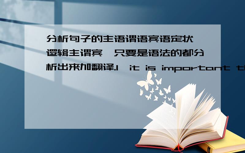 分析句子的主语谓语宾语定状,逻辑主谓宾,只要是语法的都分析出来加翻译.1,it is important that we should attend the meeting 2,It is a pity that he should refuse our invitation 有点多 麻烦会的帮忙