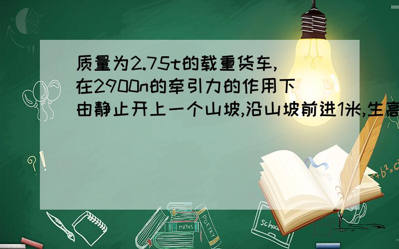 质量为2.75t的载重货车,在2900n的牵引力的作用下由静止开上一个山坡,沿山坡前进1米,生高0.05米,汽车前进100米时速度达到36km,求汽车在前进过程中所受摩擦阻力大小.