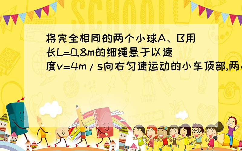 将完全相同的两个小球A、B用长L=0.8m的细绳悬于以速度v=4m/s向右匀速运动的小车顶部,两小球与小车的前、后壁接触,由于某种原因,小车突然停止运动,此时悬绳的拉力之比FB∶FA=?为什么A的向心