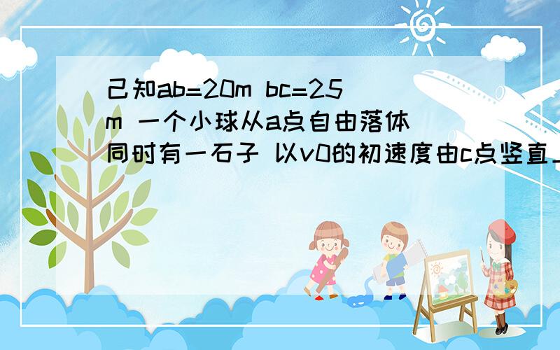 己知ab=20m bc=25m 一个小球从a点自由落体 同时有一石子 以v0的初速度由c点竖直上抛 问要使小球与石子在b点相遇 那麽v0至少应多大?若改变v0的大小 使两者恰好不能在空中相遇 则石子上升多高?