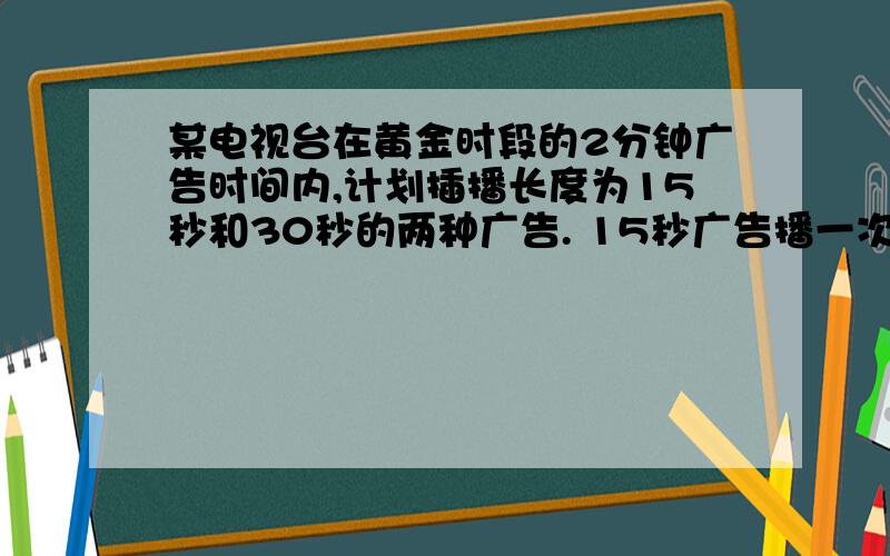 某电视台在黄金时段的2分钟广告时间内,计划插播长度为15秒和30秒的两种广告. 15秒广告播一次收费0.6万元,30秒广告每播一次收费1万.若要求每种广告播放不少于2次,(1)那么两种广告的播放次