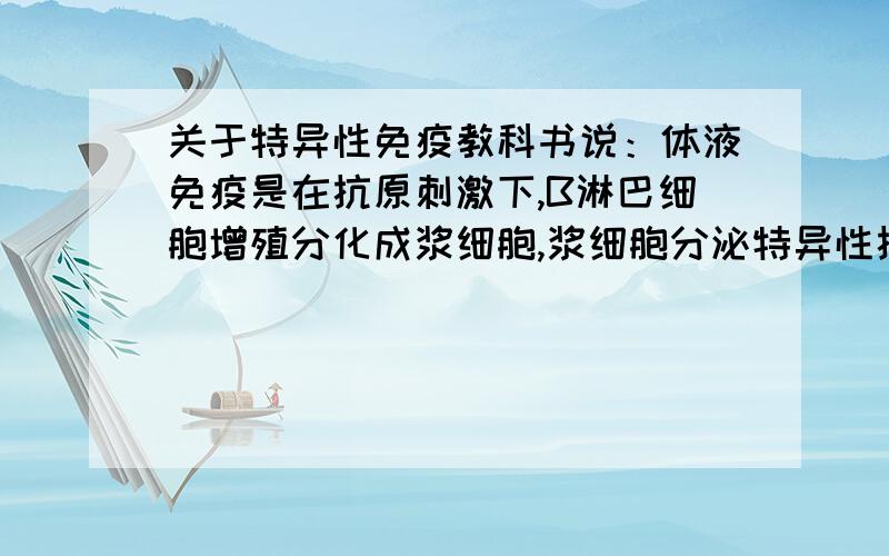 关于特异性免疫教科书说：体液免疫是在抗原刺激下,B淋巴细胞增殖分化成浆细胞,浆细胞分泌特异性抗体与抗原结合；抗体是蛋白质；蛋白质是由DNA经转录翻译合成的.请问 与特异性抗体有