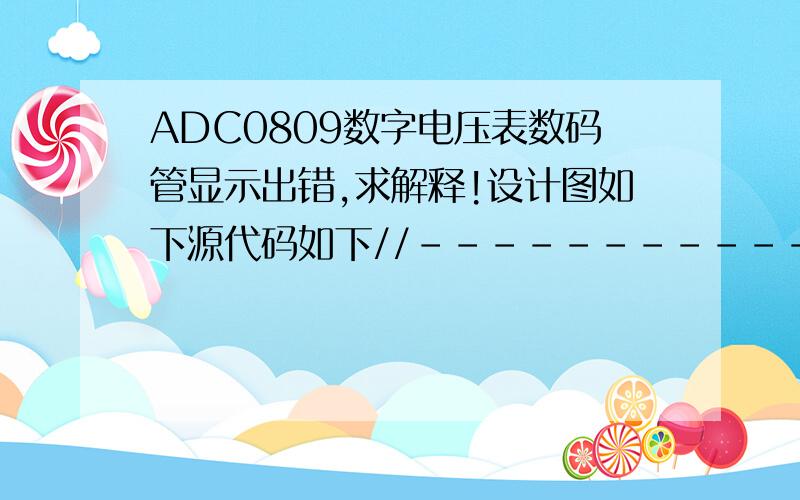 ADC0809数字电压表数码管显示出错,求解释!设计图如下源代码如下//---------------------------------------//---------------------------------------#include "reg51.h"sbit ST_ALE=P3^0;//START and ALE both connect to P3.0sbi