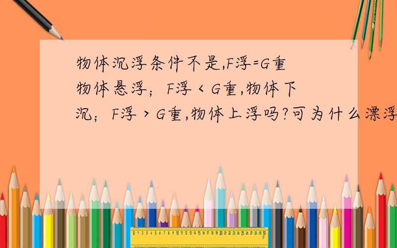 物体沉浮条件不是,F浮=G重物体悬浮；F浮＜G重,物体下沉；F浮＞G重,物体上浮吗?可为什么漂浮的时候,F浮=G重?这与F浮＞G重,物体上浮不矛盾吗