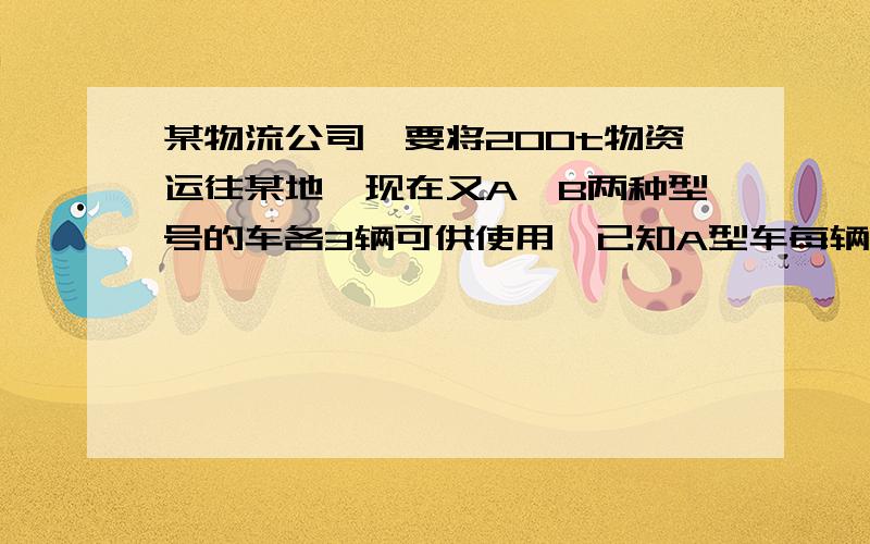 某物流公司,要将200t物资运往某地,现在又A、B两种型号的车各3辆可供使用,已知A型车每辆可装25t,B型车每辆可装15t,在每辆车不超载的条件下,需要把200t物资一次装运完,在已有车辆的前提下至